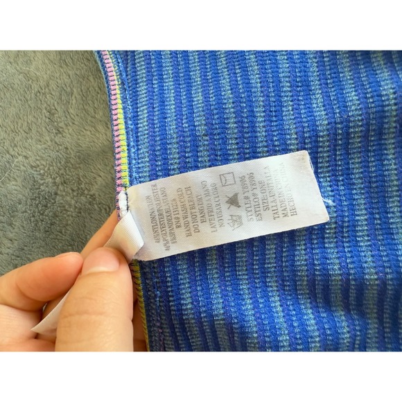 Bella Seamless Striped Ribbed Cropped Top  Blue Green Short Sleeve Button Front - Picture 7 of 7